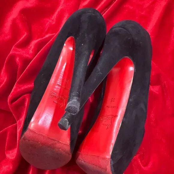 CHRISTIAN LOUBOUTIN BLACK SUEDE PLATFORM HEELS ANKLE BOOTS BOOTIES - Picture 15 of 15